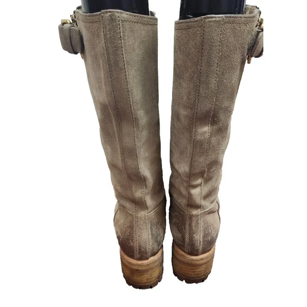 Prada Suede Mid Calf Moto Boots 37.5 Beige Taupe Leather Lined Lug Sole Side Zip - Picture 8 of 15